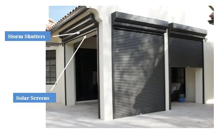 A picture of a garage door with the caption " shutters."